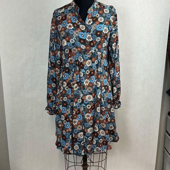 Umgee Floral Baby Doll Dress Sz XL Split Neck Long Sleeve Boho Fall Metallic Thr - Picture 1 of 10